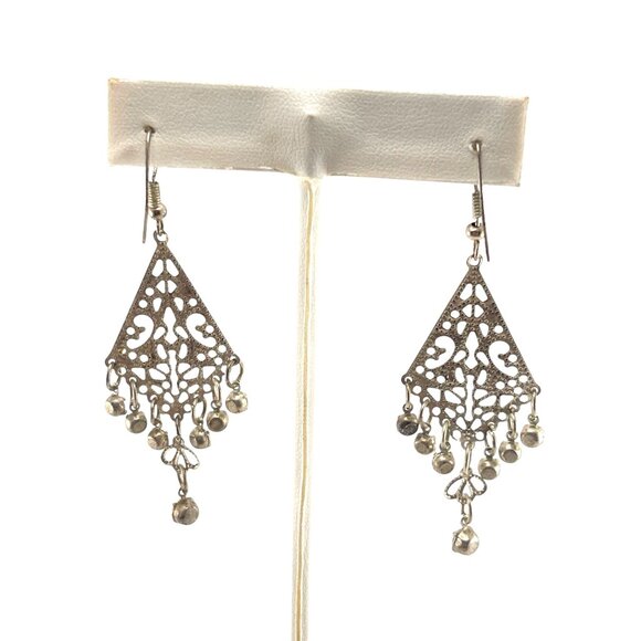 Vintage Silver Filigree Triangle Dangle Earrings Statement Boho Tribal Jewelry - Picture 5 of 8